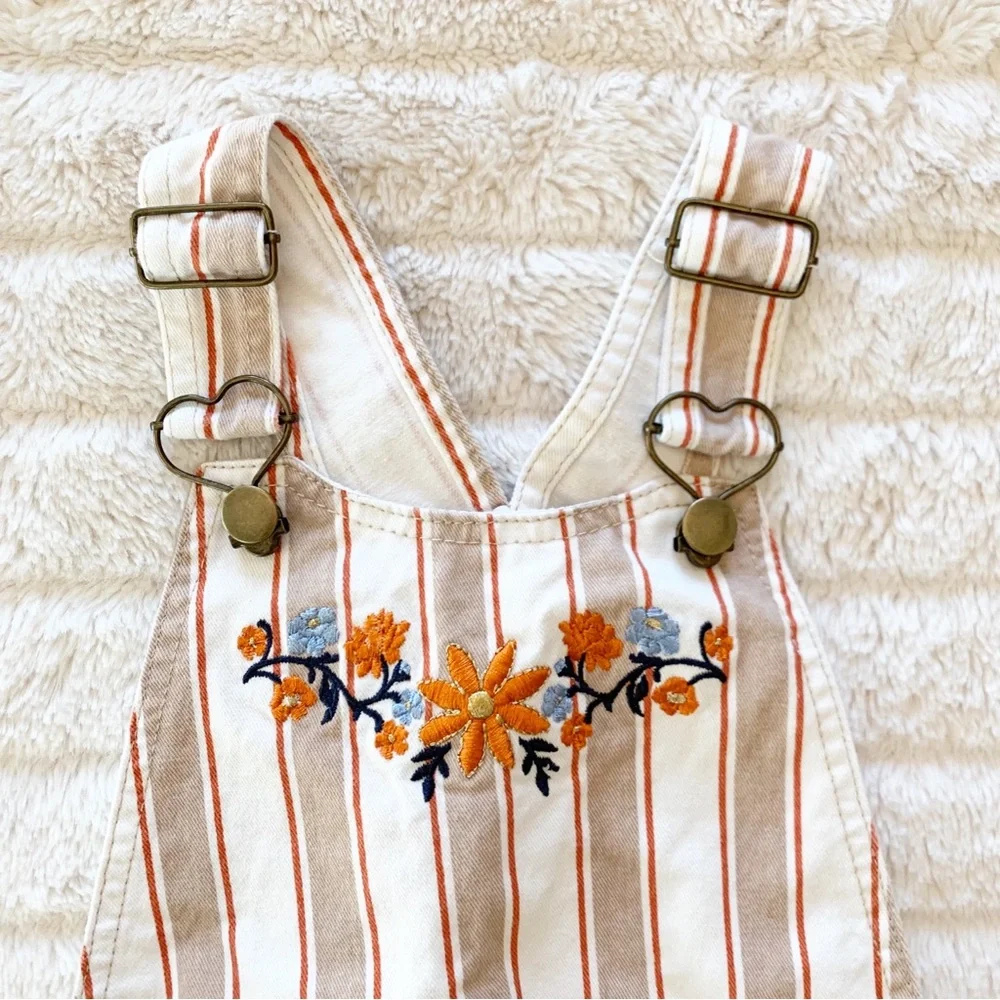 Belted Striped Shortalls with Orange and Blue Floral Embroidery